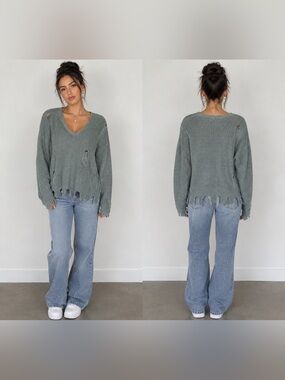 Distressed V-Neck Sweater in Sage Green